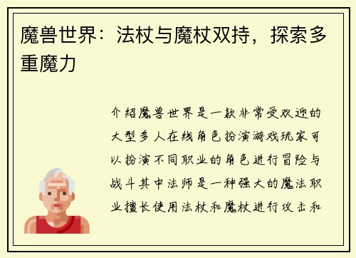 魔兽世界：法杖与魔杖双持，探索多重魔力