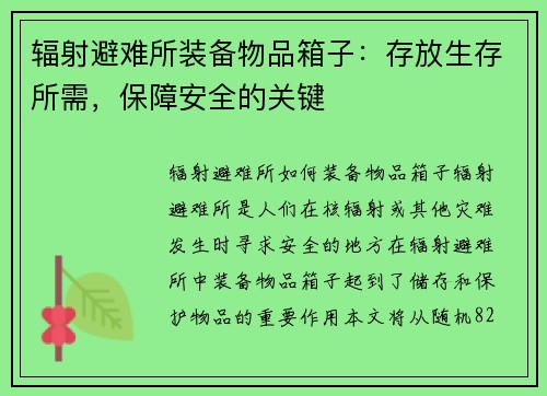 辐射避难所装备物品箱子:存放生存所需,保障安全的关键
